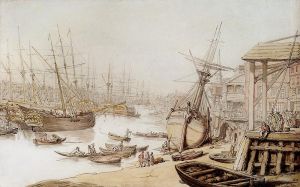 Thomas Rowlandson œuvres - Une vue sur la Tamise avec de nombreux navires et personnages sur le quai