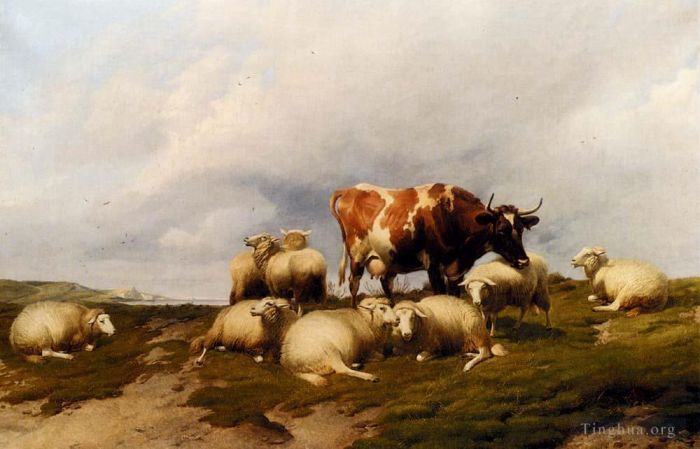 Thomas Sidney Cooper Peinture à l'huile - Une vache et un mouton sur les falaises