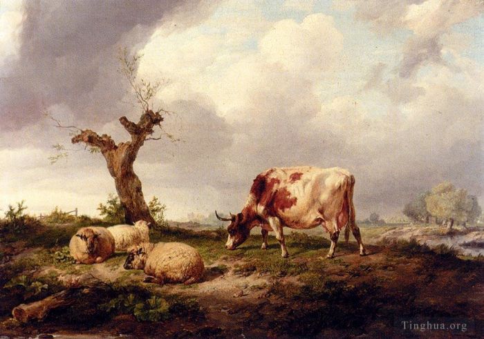 Thomas Sidney Cooper Peinture à l'huile - Une vache avec des moutons dans un paysage