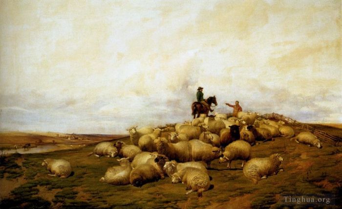 Thomas Sidney Cooper Peinture à l'huile - Un berger avec son troupeau de moutons