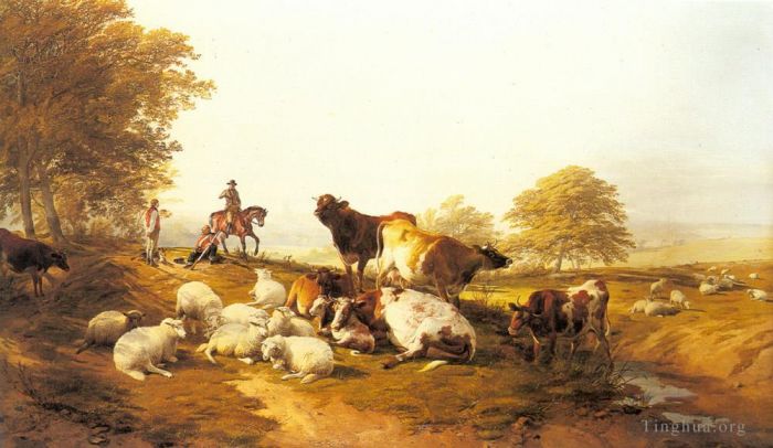 Thomas Sidney Cooper Peinture à l'huile - Bovins et moutons se reposant dans un vaste paysage