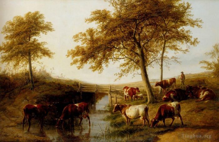 Thomas Sidney Cooper Peinture à l'huile - Bovins se reposant près d'un ruisseau