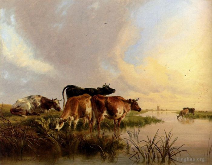 Thomas Sidney Cooper Peinture à l'huile - Abreuvement du bétail