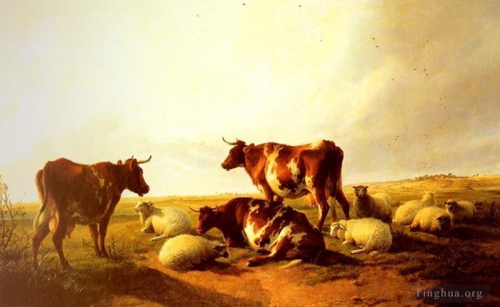 Thomas Sidney Cooper Peinture à l'huile - Bovins et moutons dans un paysage