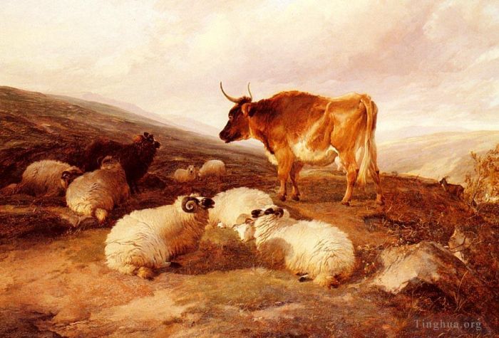 Thomas Sidney Cooper Peinture à l'huile - Des béliers et un taureau dans un paysage des Highlands