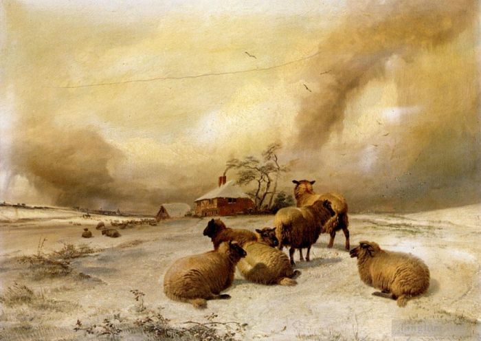Thomas Sidney Cooper Peinture à l'huile - Moutons dans un paysage d'hiver