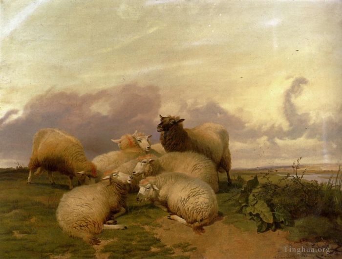 Thomas Sidney Cooper Peinture à l'huile - Moutons dans les prés aquatiques de Canterbury