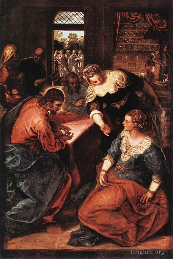 Tintoretto Peinture à l'huile - Le Christ dans la maison de Marthe et Marie