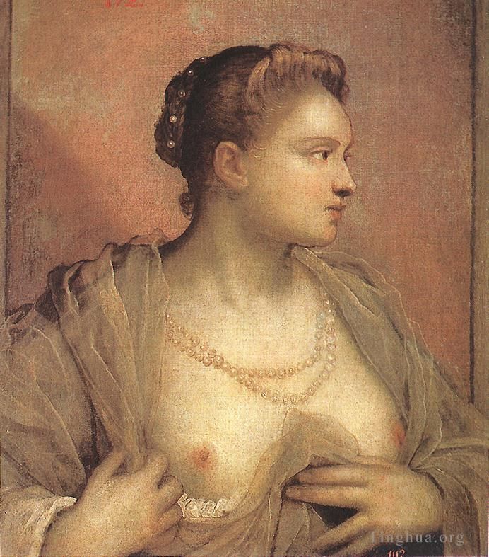 Tintoretto Peinture à l'huile - Portrait d'une femme dévoilant ses seins