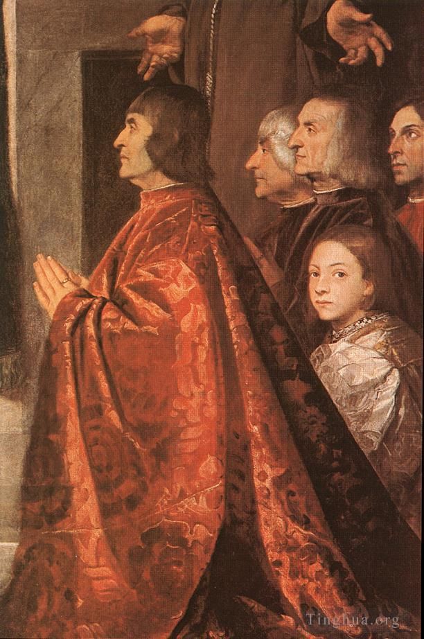 Titien Peinture à l'huile - Madone avec les saints et les membres de la famille Pesaro détail1