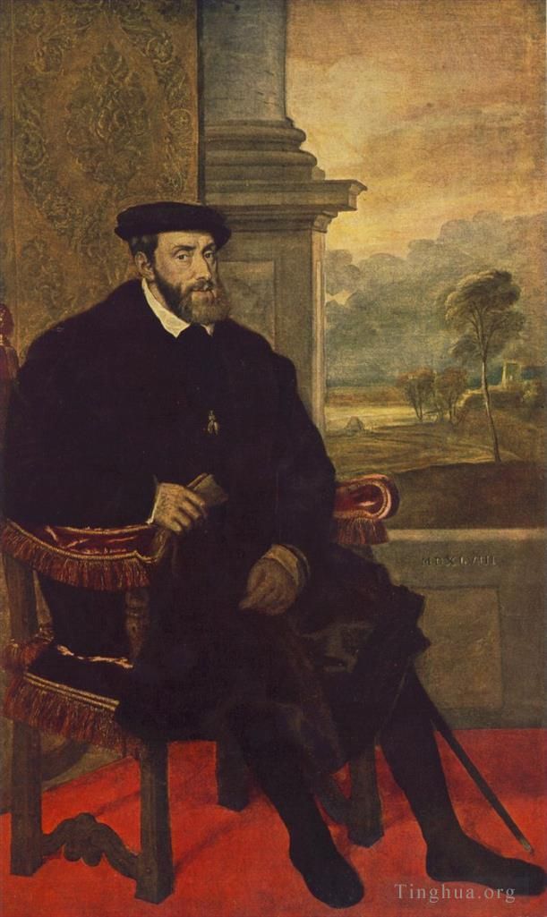 Titien Peinture à l'huile - Portrait de Charles V assis