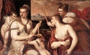 Titien œuvres - Vénus, les yeux bandés, Cupidon, nue