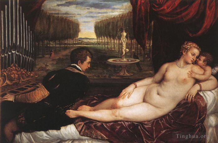 Titien Peinture à l'huile - Vénus avec l'organiste et Cupidon nue