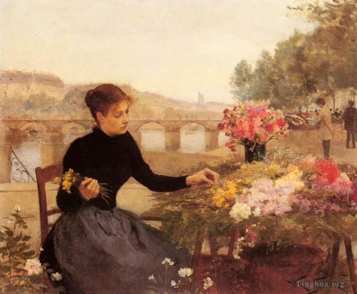 Victor Gabriel Gilbert Peinture à l'huile - Un marché aux fleurs parisien