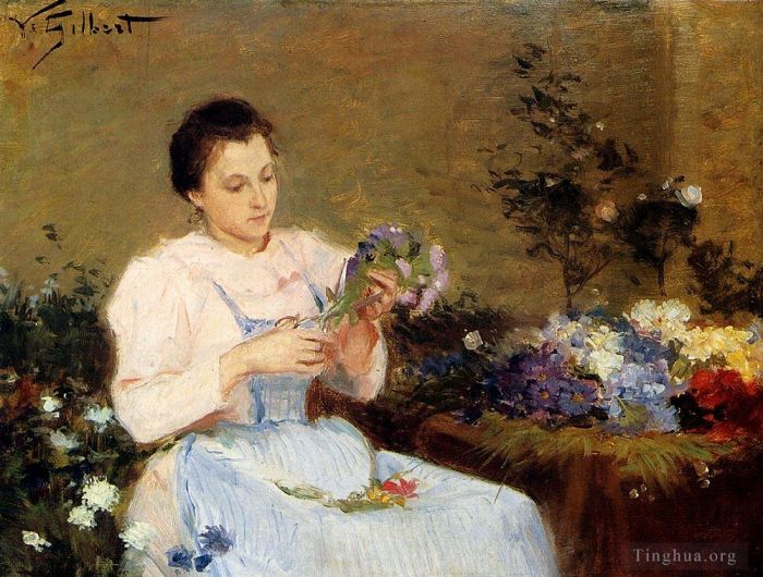 Victor Gabriel Gilbert Peinture à l'huile - Organiser des fleurs pour un bouquet printanier