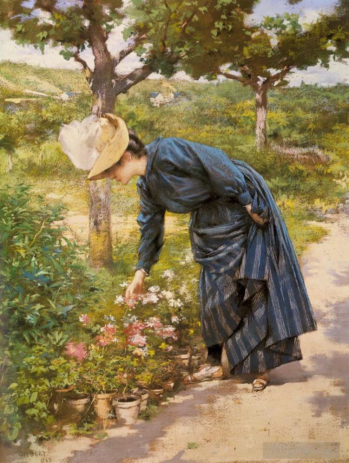 Victor Gabriel Gilbert Peinture à l'huile - Dame dans un jardin