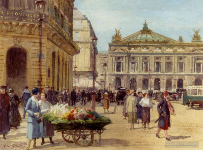 Victor Gabriel Gilbert Peinture à l'huile - La Marchande De Fleurs Place De L Opéra Paris