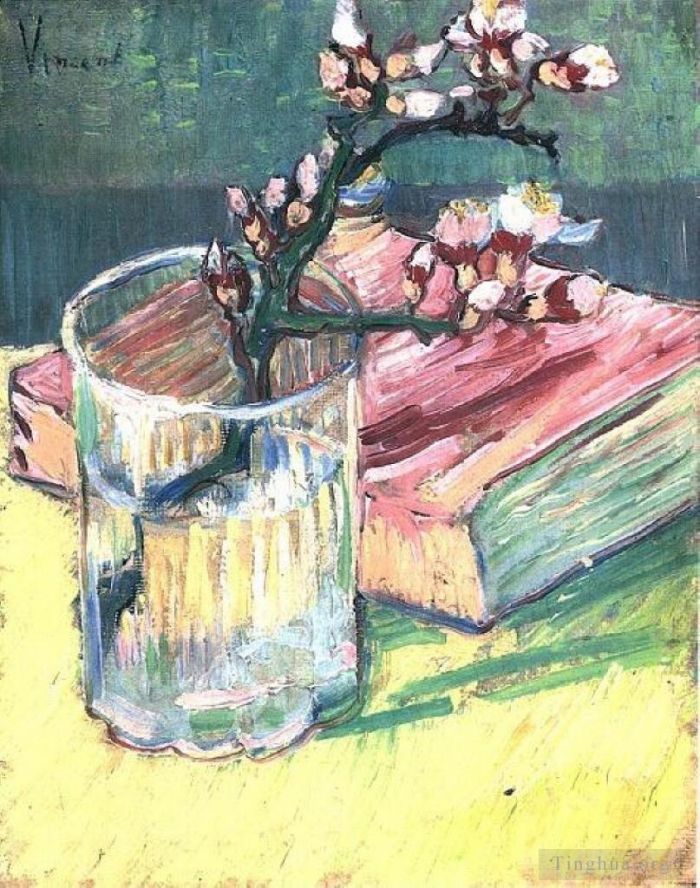 Vincent Willem Van Gogh Peinture à l'huile - Branche d'amandier en fleurs dans un verre avec un livre