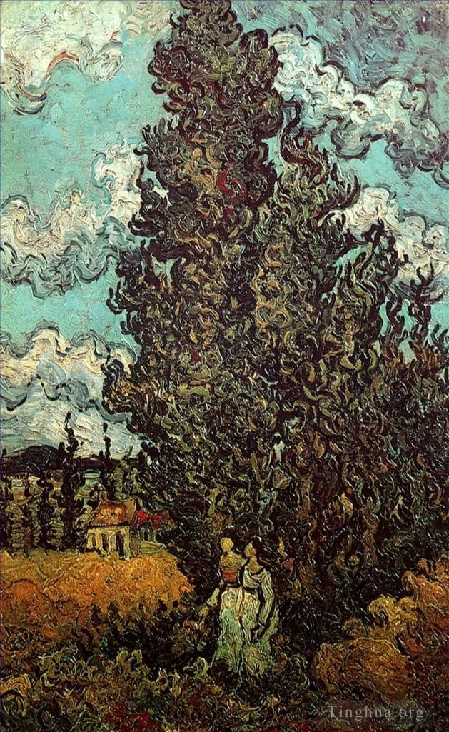 Vincent Willem Van Gogh Peinture à l'huile - Cyprès et deux femmes