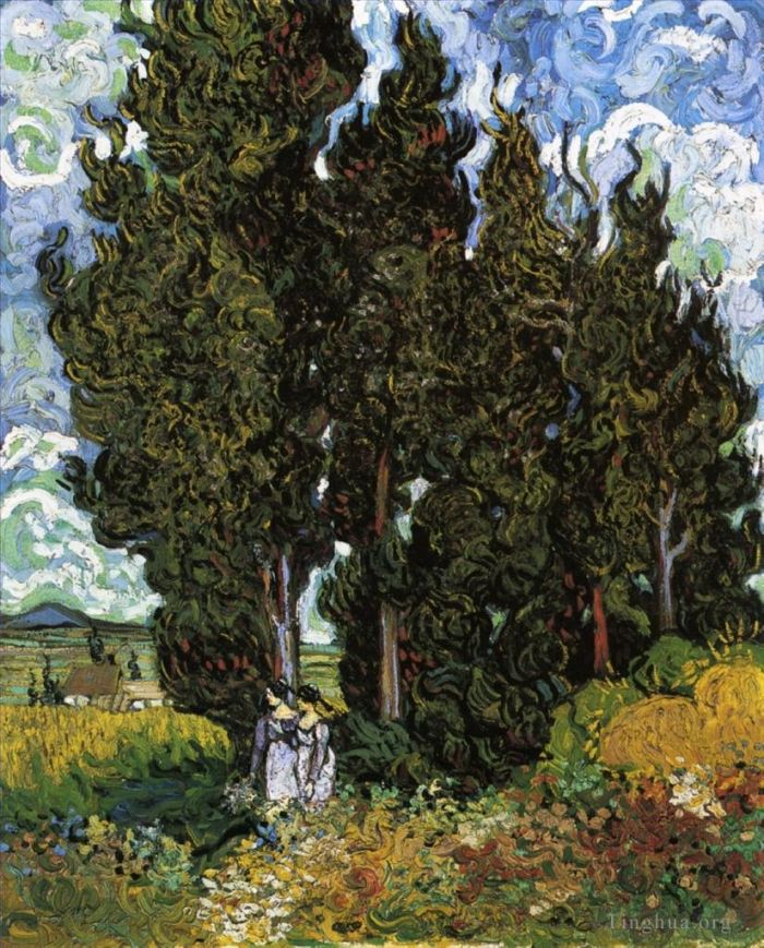 Vincent Willem Van Gogh Peinture à l'huile - Cyprès avec deux femmes