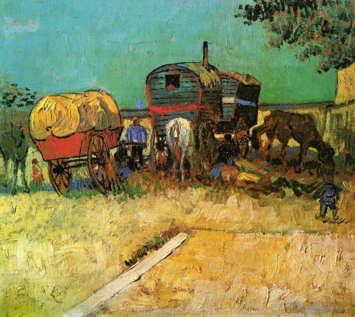 Vincent Willem Van Gogh Peinture à l'huile - Campement de Tsiganes avec caravanes