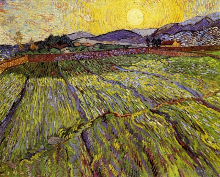 Vincent Willem Van Gogh Peinture à l'huile - Terrain clos avec soleil levant