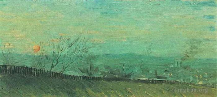 Vincent Willem Van Gogh Peinture à l'huile - Des usines vues depuis une colline au clair de lune