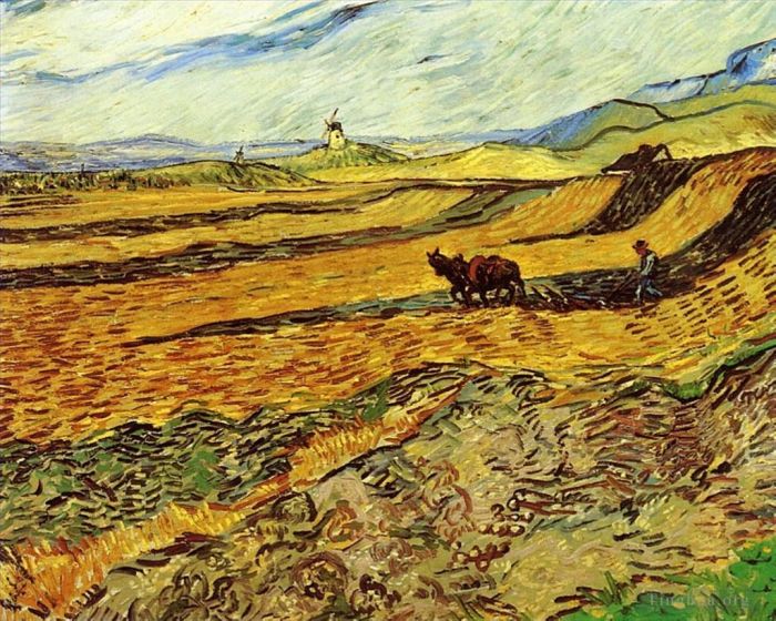 Vincent Willem Van Gogh Peinture à l'huile - Champ et laboureur et moulin
