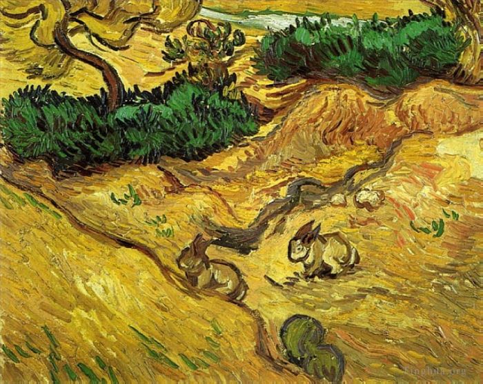 Vincent Willem Van Gogh Peinture à l'huile - Champ avec deux lapins