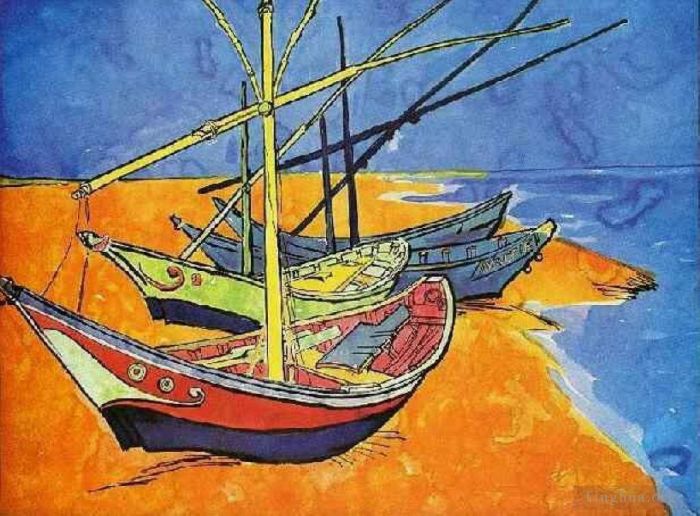 Vincent Willem Van Gogh Peinture à l'huile - Bateaux de pêche sur la plage des Saintes Maries de la Mer