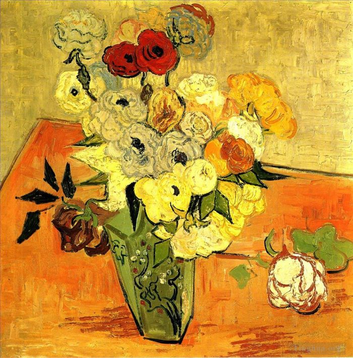 Vincent Willem Van Gogh Peinture à l'huile - Vase japonais avec roses et anémones