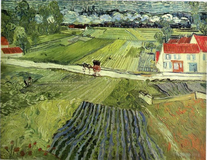 Vincent Willem Van Gogh Peinture à l'huile - Paysage avec calèche et train