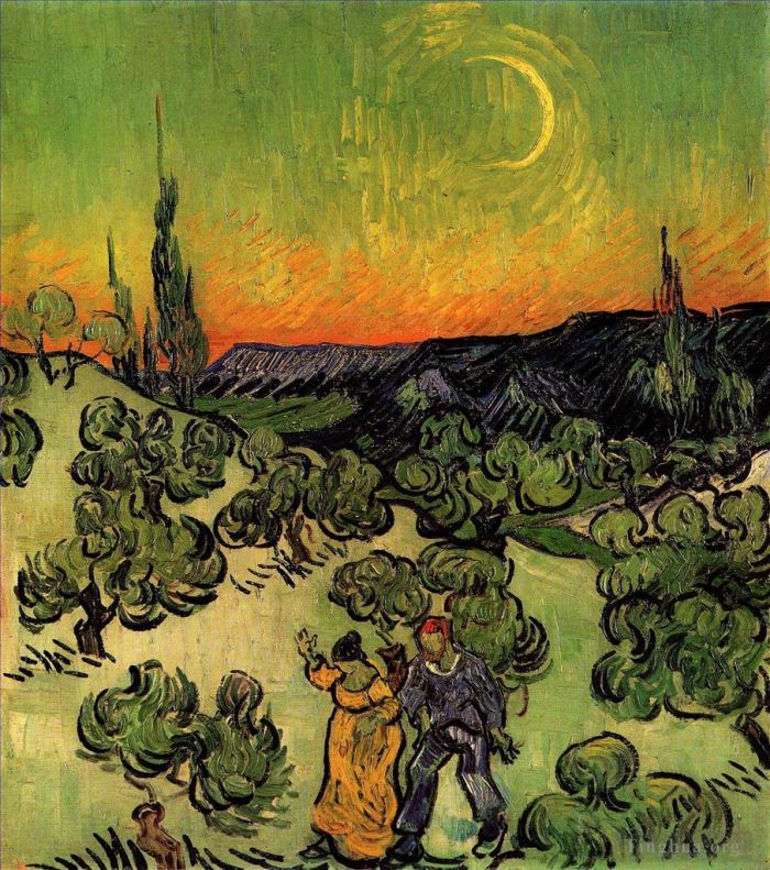 Vincent Willem Van Gogh Peinture à l'huile - Paysage avec couple marchant et croissant de lune