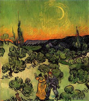 Vincent Willem Van Gogh œuvres - Paysage avec couple marchant et croissant de lune