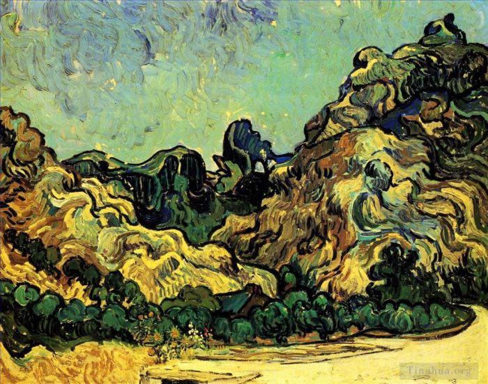Vincent Willem Van Gogh Peinture à l'huile - Montagnes à Saint Rémy avec Dark Cottage