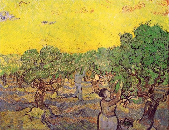 Vincent Willem Van Gogh Peinture à l'huile - Oliveraie avec figurines de cueillette
