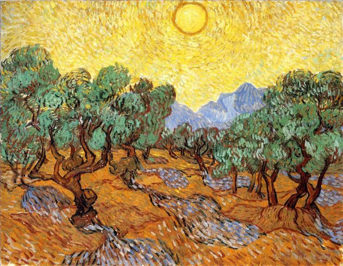 Vincent Willem Van Gogh Peinture à l'huile - Oliviers avec ciel et soleil jaunes