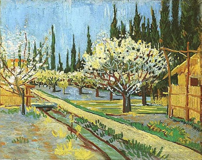 Vincent Willem Van Gogh Peinture à l'huile - Verger en fleurs bordé de cyprès