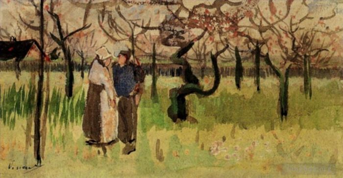 Vincent Willem Van Gogh Peinture à l'huile - Verger en fleurs avec printemps à deux personnages