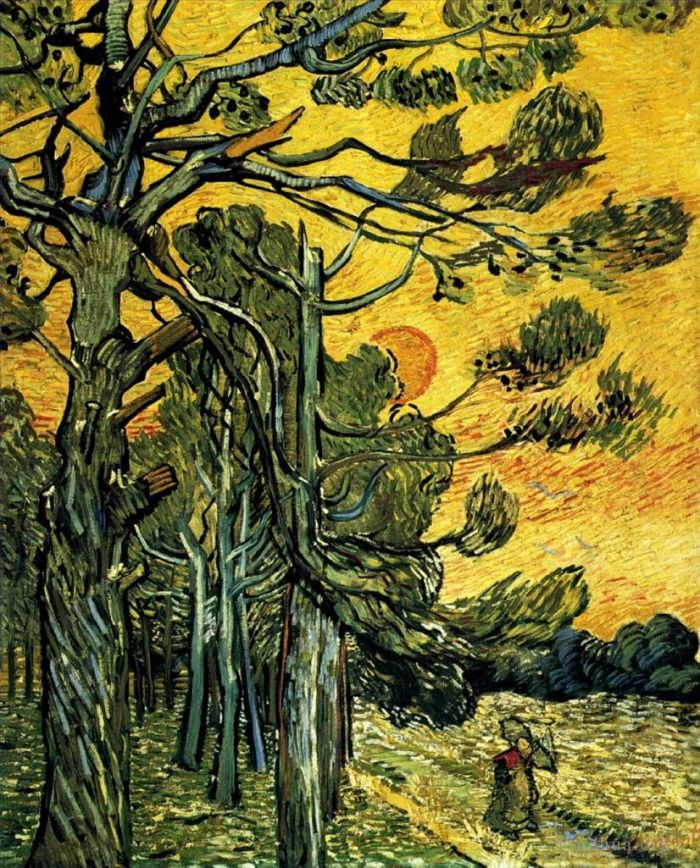 Vincent Willem Van Gogh Peinture à l'huile - Pins contre un ciel rouge avec soleil couchant