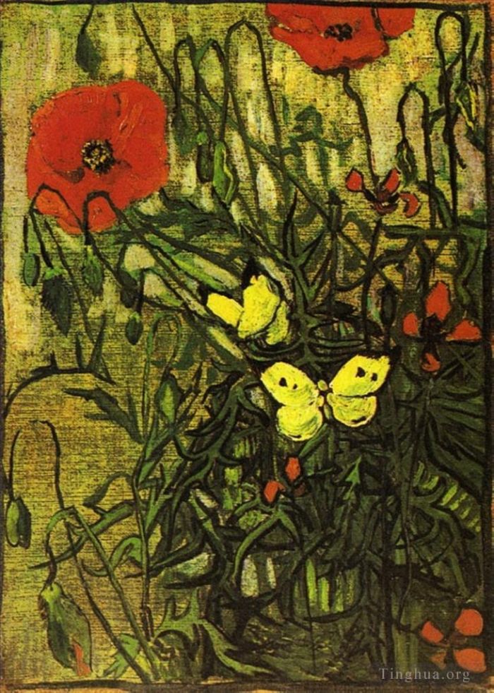 Vincent Willem Van Gogh Peinture à l'huile - Coquelicots et papillons
