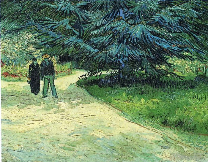 Vincent Willem Van Gogh Peinture à l'huile - Jardin public avec couple et sapin bleu