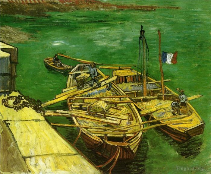 Vincent Willem Van Gogh Peinture à l'huile - Quai avec des hommes déchargeant des barges de sable
