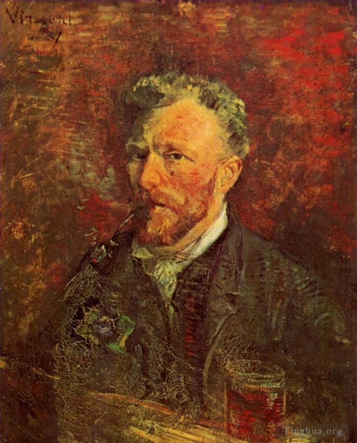 Vincent Willem Van Gogh Peinture à l'huile - Autoportrait avec pipe et verre