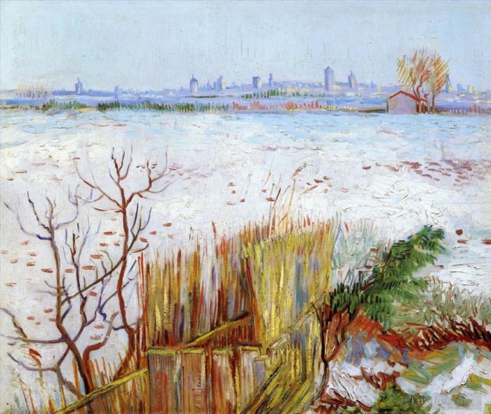 Vincent Willem Van Gogh Peinture à l'huile - Paysage enneigé avec Arles en arrière-plan