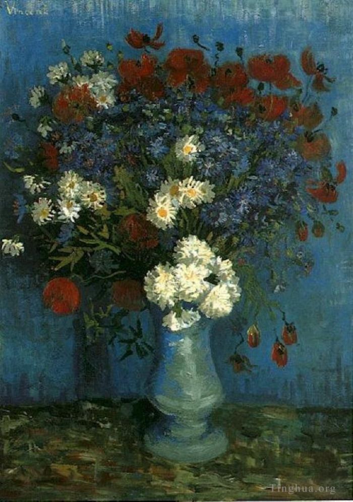 Vincent Willem Van Gogh Peinture à l'huile - Vase nature morte aux bleuets et coquelicots