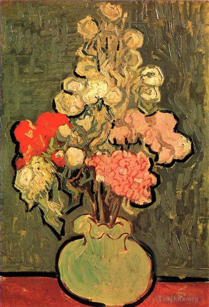 Vincent Willem Van Gogh Peinture à l'huile - Vase nature morte aux roses mauves