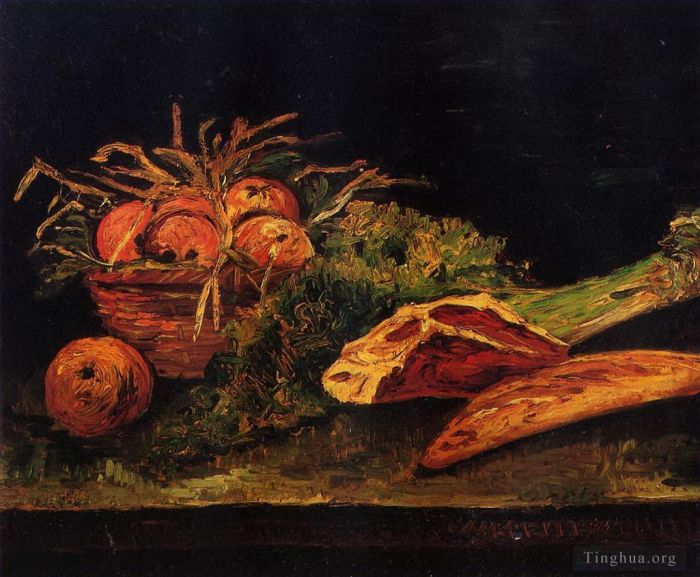 Vincent Willem Van Gogh Peinture à l'huile - Nature morte avec de la viande de pommes et un petit pain