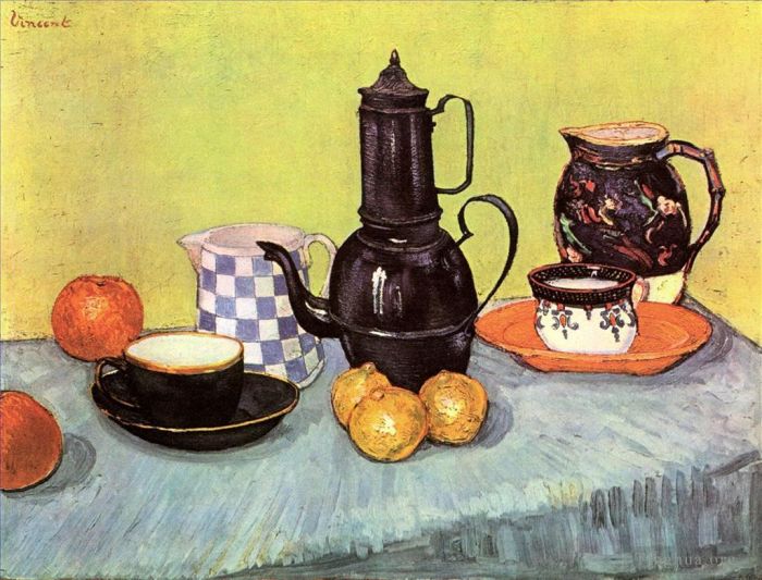 Vincent Willem Van Gogh Peinture à l'huile - Nature morte à la cafetière émaillée bleue en faïence et aux fruits