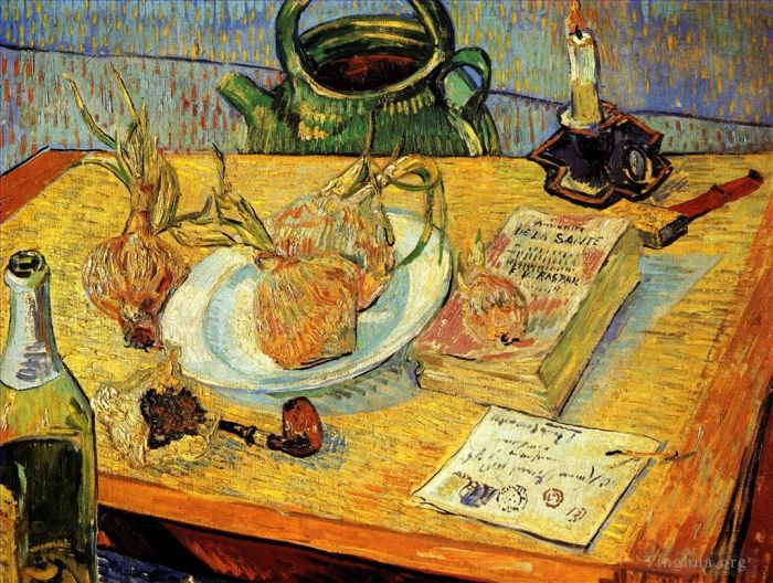 Vincent Willem Van Gogh Peinture à l'huile - Nature morte avec des oignons de pipe sur une planche à dessin et de la cire à cacheter